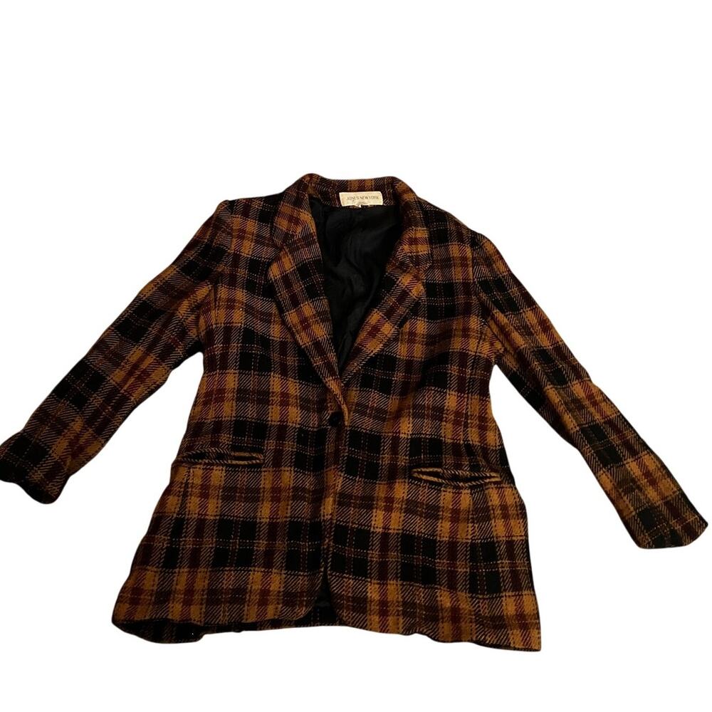 Vintage 90s Jones New York Plaid Brown Blazer Work Academia Womens Jacket